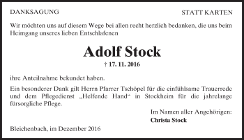 Traueranzeige von Adolf Stock von  Kreisanzeiger