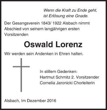 Traueranzeige von Oswald Lorenz von Trauerportal Echo Online