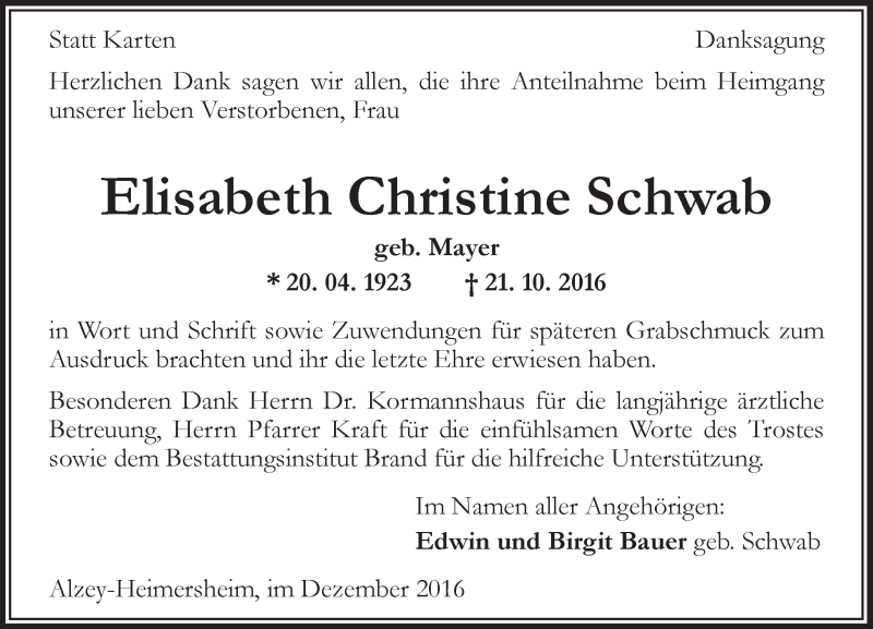  Traueranzeige für Elisabeth Christine Schwab vom 17.12.2016 aus Trauerportal Rhein Main Presse