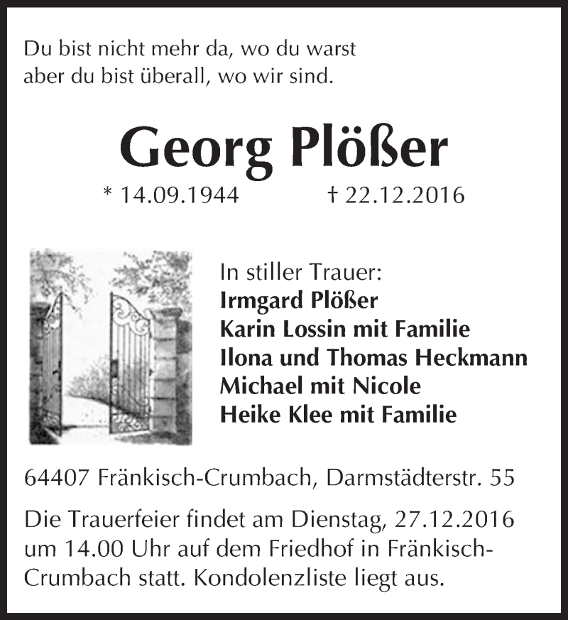  Traueranzeige für Georg Plößer vom 24.12.2016 aus Trauerportal Echo Online
