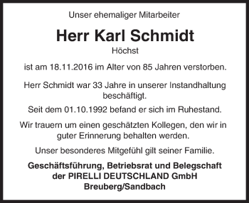 Traueranzeige von Karl Schmidt von Trauerportal Echo Online
