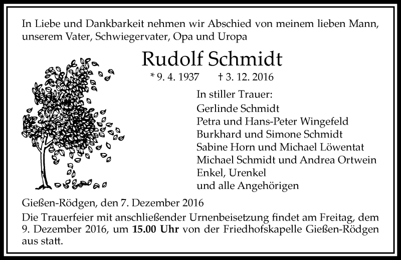  Traueranzeige für Rudolf Schmidt vom 07.12.2016 aus  Gießener Anzeiger