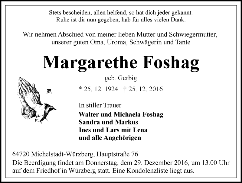  Traueranzeige für Margarethe Foshag vom 28.12.2016 aus Trauerportal Echo Online