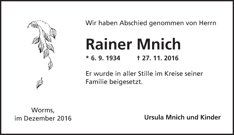 Traueranzeige für Rainer Mnich vom 15.12.2016 aus Trauerportal Rhein Main Presse