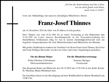 Traueranzeige von Franz-Josef Thinnes von Trauerportal Rhein Main Presse