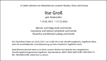 Traueranzeige von Ilse Groß von Trauerportal Rhein Main Presse
