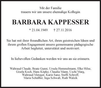 Traueranzeige von Barbara Kappesser von Trauerportal Rhein Main Presse