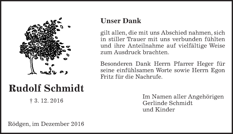  Traueranzeige für Rudolf Schmidt vom 17.12.2016 aus  Gießener Anzeiger