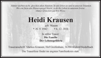 Traueranzeige von Heidi Krausen von VRM Trauer