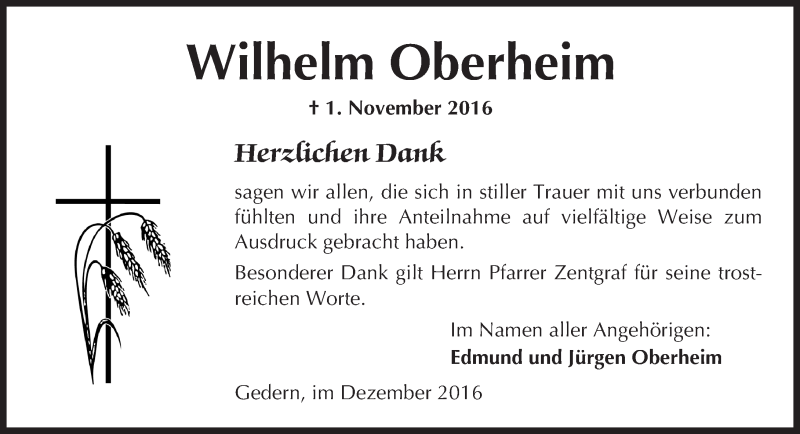  Traueranzeige für Wilhelm Oberheim vom 10.12.2016 aus  Kreisanzeiger