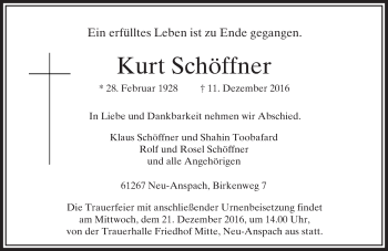 Traueranzeige von Kurt Schöffner von  Usinger Anzeiger