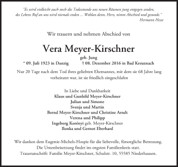 Traueranzeige von Vera Meyer-Kirschner von Trauerportal Rhein Main Presse