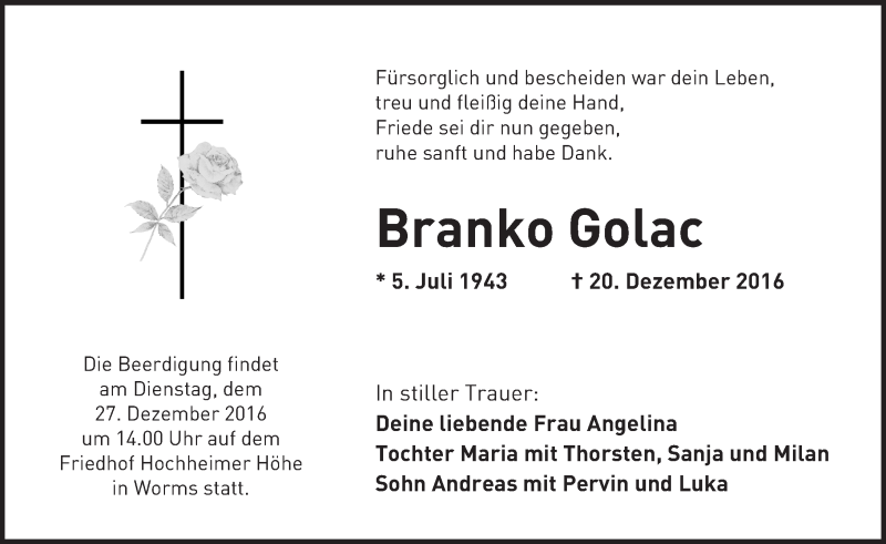  Traueranzeige für Branko Golac vom 24.12.2016 aus Trauerportal Rhein Main Presse