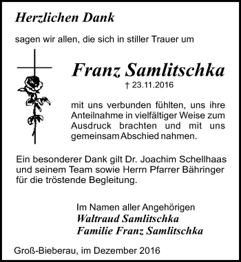 Traueranzeige von Franz Samlitschka von Trauerportal Echo Online