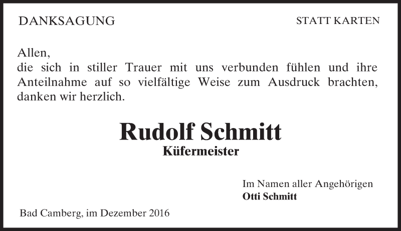  Traueranzeige für Rudolf Schmitt vom 15.12.2016 aus  Camberger Anzeiger