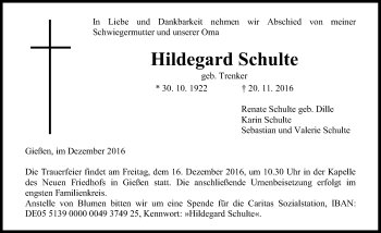 Traueranzeige von Hildegard Schulte von  Gießener Anzeiger