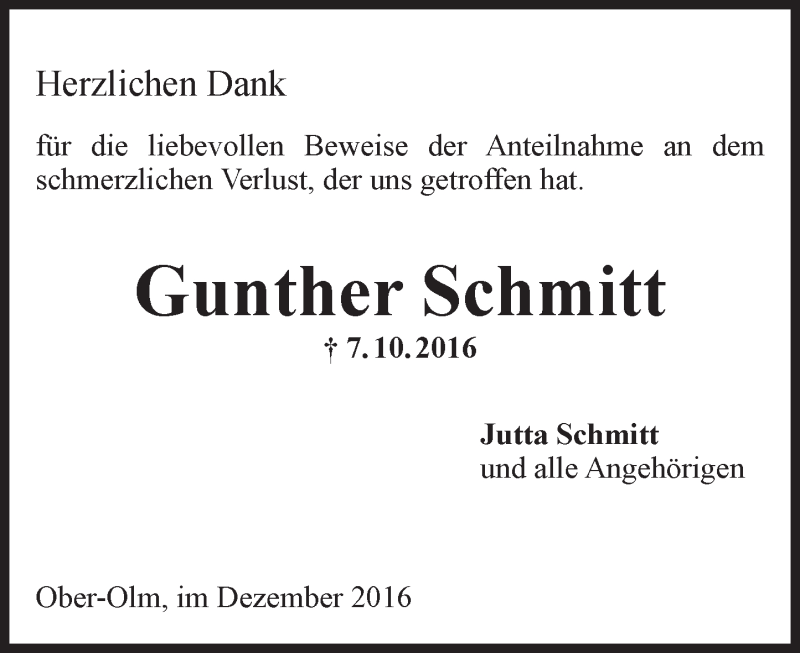  Traueranzeige für Gunther Schmitt vom 17.12.2016 aus Trauerportal Rhein Main Presse