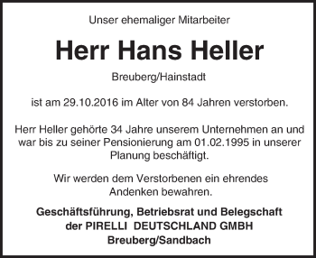 Traueranzeige von Hans Heller von Trauerportal Echo Online