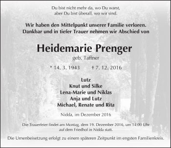 Traueranzeige von Heidemarie Prenger von  Kreisanzeiger