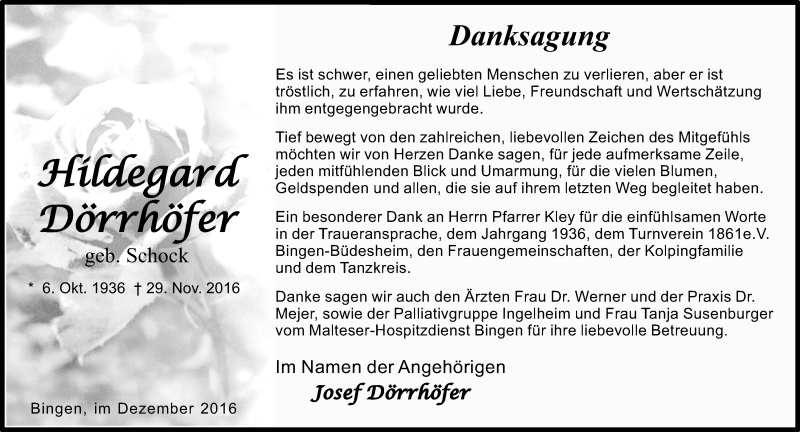  Traueranzeige für Hildegard Dörrhöfer vom 31.12.2016 aus Trauerportal Rhein Main Presse
