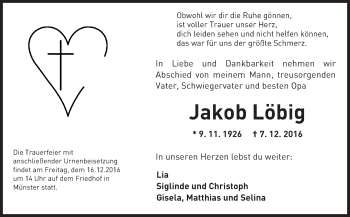 Traueranzeige von Jakob Löbig von Trauerportal Echo Online