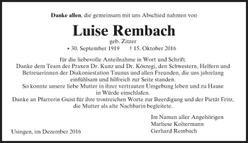 Traueranzeige von Luise Rembach von  Usinger Anzeiger