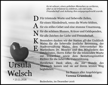 Traueranzeige von Ursula Welsch von Trauerportal Rhein Main Presse