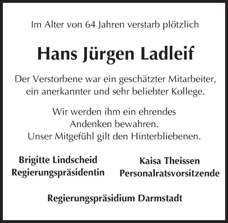  Traueranzeige für Hans Jürgen Ladleif vom 09.12.2016 aus Trauerportal Echo Online