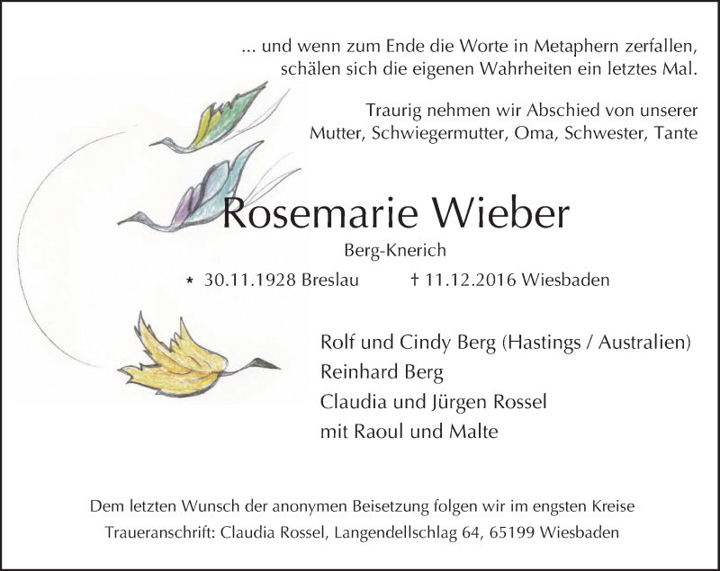  Traueranzeige für Rosemarie Wieber vom 21.12.2016 aus Trauerportal Rhein Main Presse