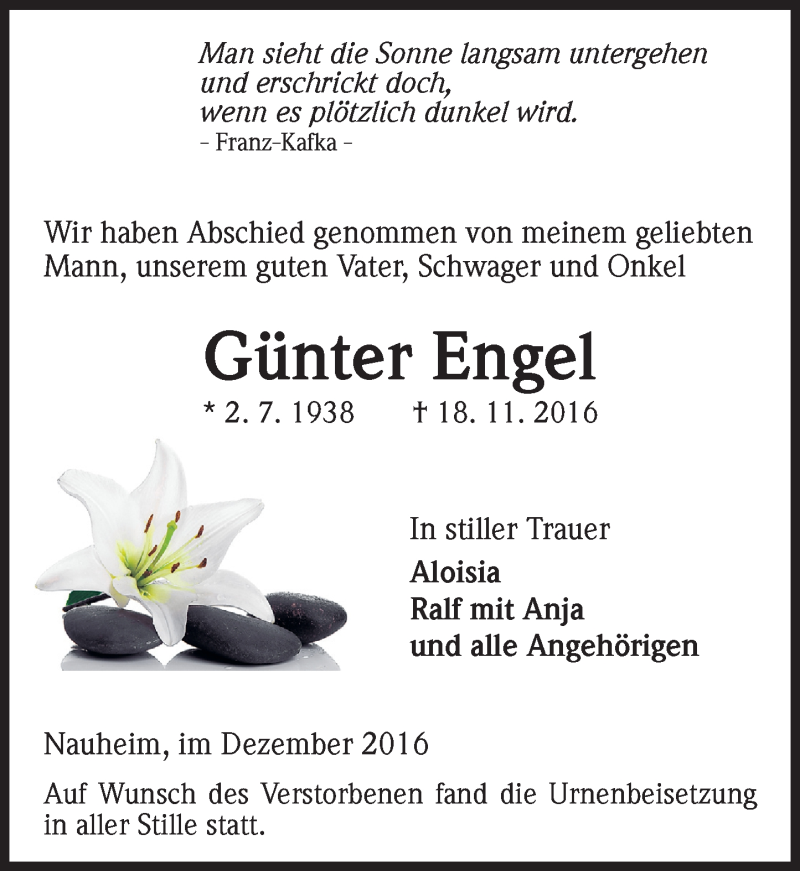  Traueranzeige für Günter Engel vom 03.12.2016 aus Trauerportal Echo Online