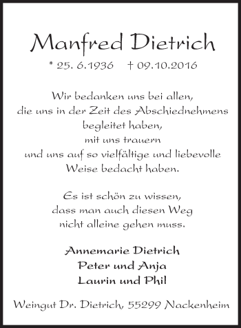 Traueranzeige von Manfred Dietrich von Trauerportal Rhein Main Presse