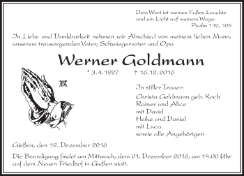 Traueranzeige von Werner Goldmann von  Gießener Anzeiger