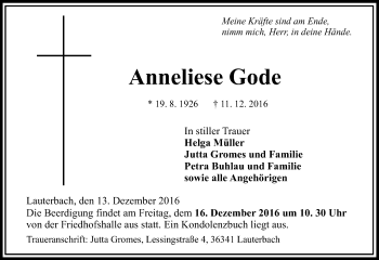 Traueranzeige von Anneliese Gode von VRM Trauer