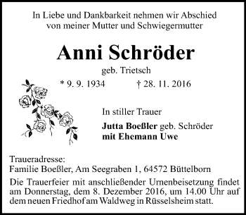Traueranzeige von Anni Schröder von Trauerportal Echo Online