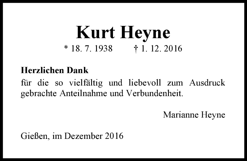  Traueranzeige für Kurt Heyne vom 28.12.2016 aus  Gießener Anzeiger