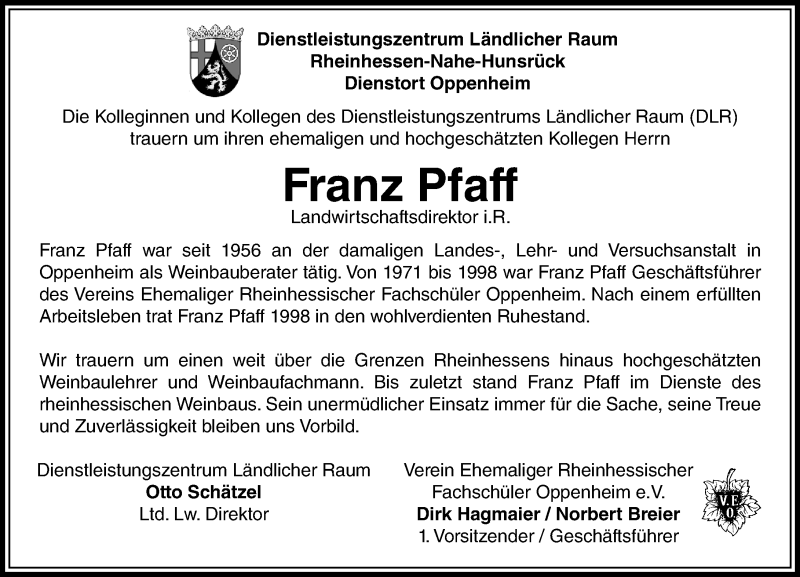  Traueranzeige für Franz Wilhelm Pfaff vom 20.12.2016 aus Trauerportal Rhein Main Presse