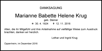 Traueranzeige von Marianne Babette Helene Krug von Trauerportal Rhein Main Presse