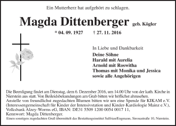 Traueranzeige von Magda Dittenberger von Trauerportal Rhein Main Presse