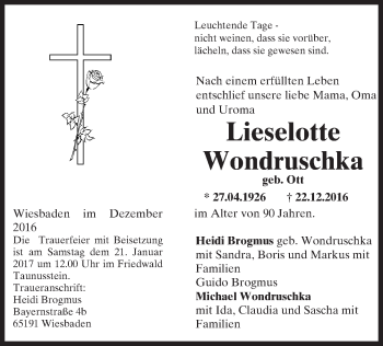 Traueranzeige von Lieselotte Wondruschka von Trauerportal Rhein Main Presse