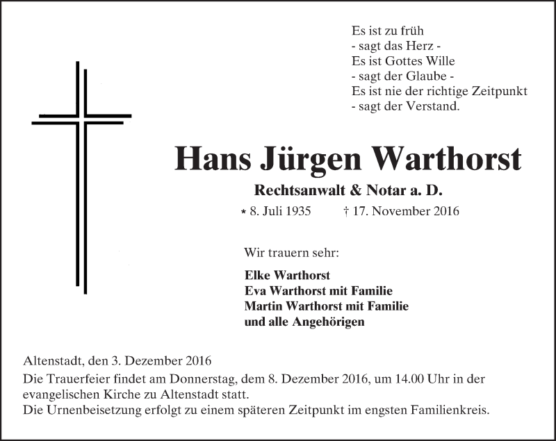  Traueranzeige für Hans Jürgen Warthorst vom 03.12.2016 aus  Kreisanzeiger