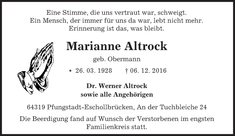  Traueranzeige für Marianne Altrock vom 17.12.2016 aus Trauerportal Echo Online