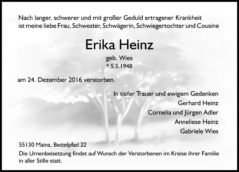  Traueranzeige für Erika Heinz vom 31.12.2016 aus Trauerportal Rhein Main Presse