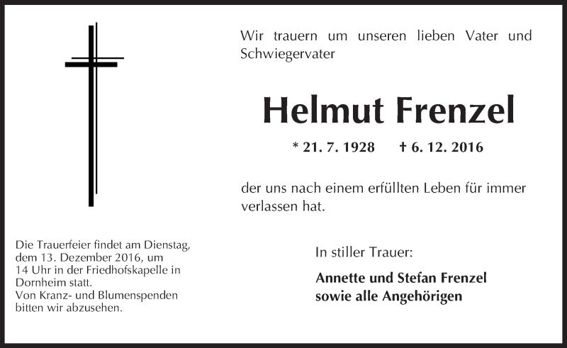  Traueranzeige für Helmut Frenzel vom 10.12.2016 aus Trauerportal Echo Online