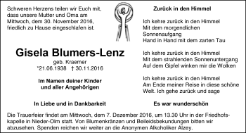 Traueranzeige von Gisela Blumers-Lenz von Trauerportal Rhein Main Presse