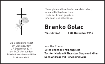 Traueranzeige von Branko Golac von Trauerportal Rhein Main Presse