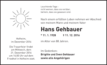 Traueranzeige von Hans Gehbauer von Trauerportal Echo Online