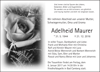 Traueranzeige von Adelheid Maurer von  Camberger Anzeiger