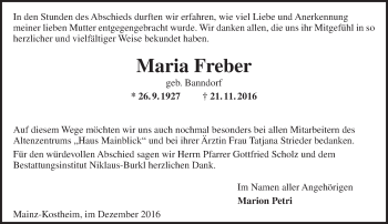 Traueranzeige von Maria Freber von Trauerportal Rhein Main Presse