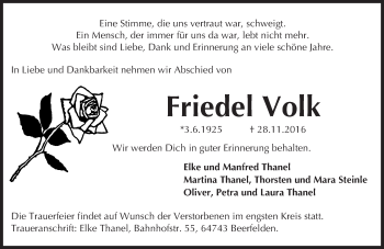 Traueranzeige von Friedel Volk von Trauerportal Echo Online