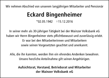 Traueranzeige von Eckard Bingenheimer von Trauerportal Rhein Main Presse